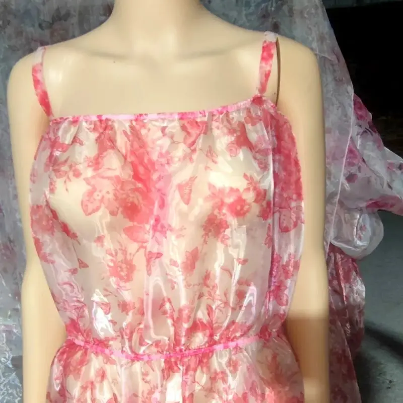 

Sexy Transparent Glossy Floral Organza Suspender Long Dress Silky Touch Elastic Waist Maxi Loose Plus Size Couple Erotic Costume