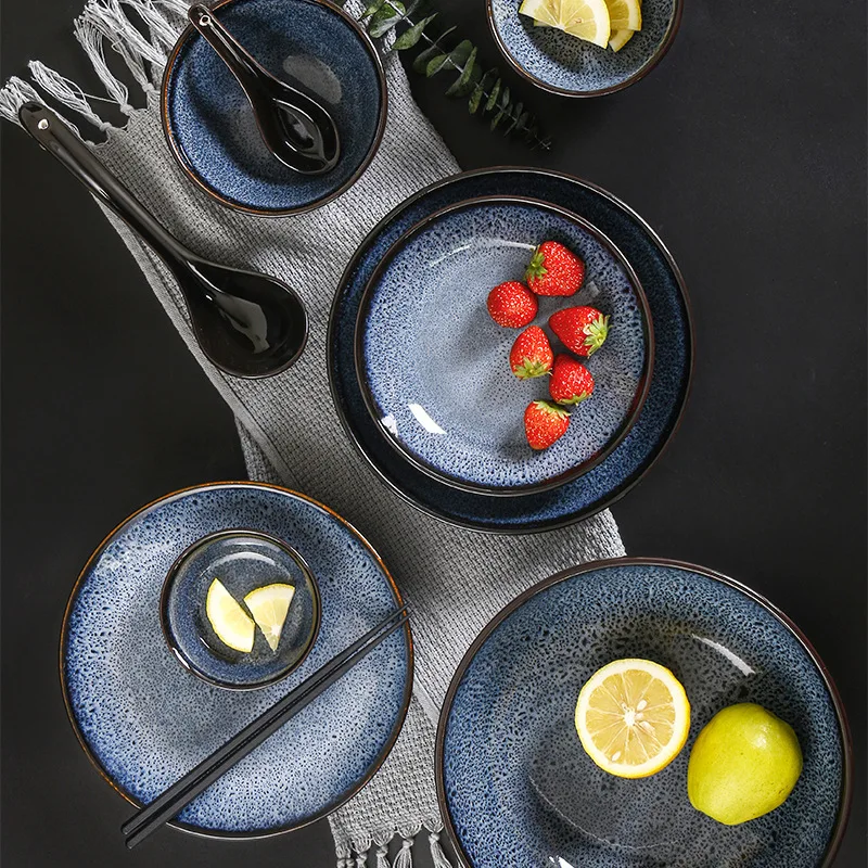 Creative Ceramic Plate Kiln Transforms Into Blue Salad Deep Plate Household Fruit Bowl