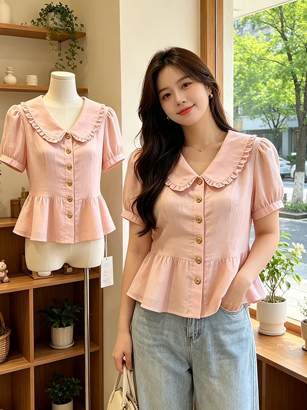 Sweet Style Short Sleeve Babydoll Collar Shirt Women's Summer New Design Versatile Large Size Floral  Top Breathable Skin...