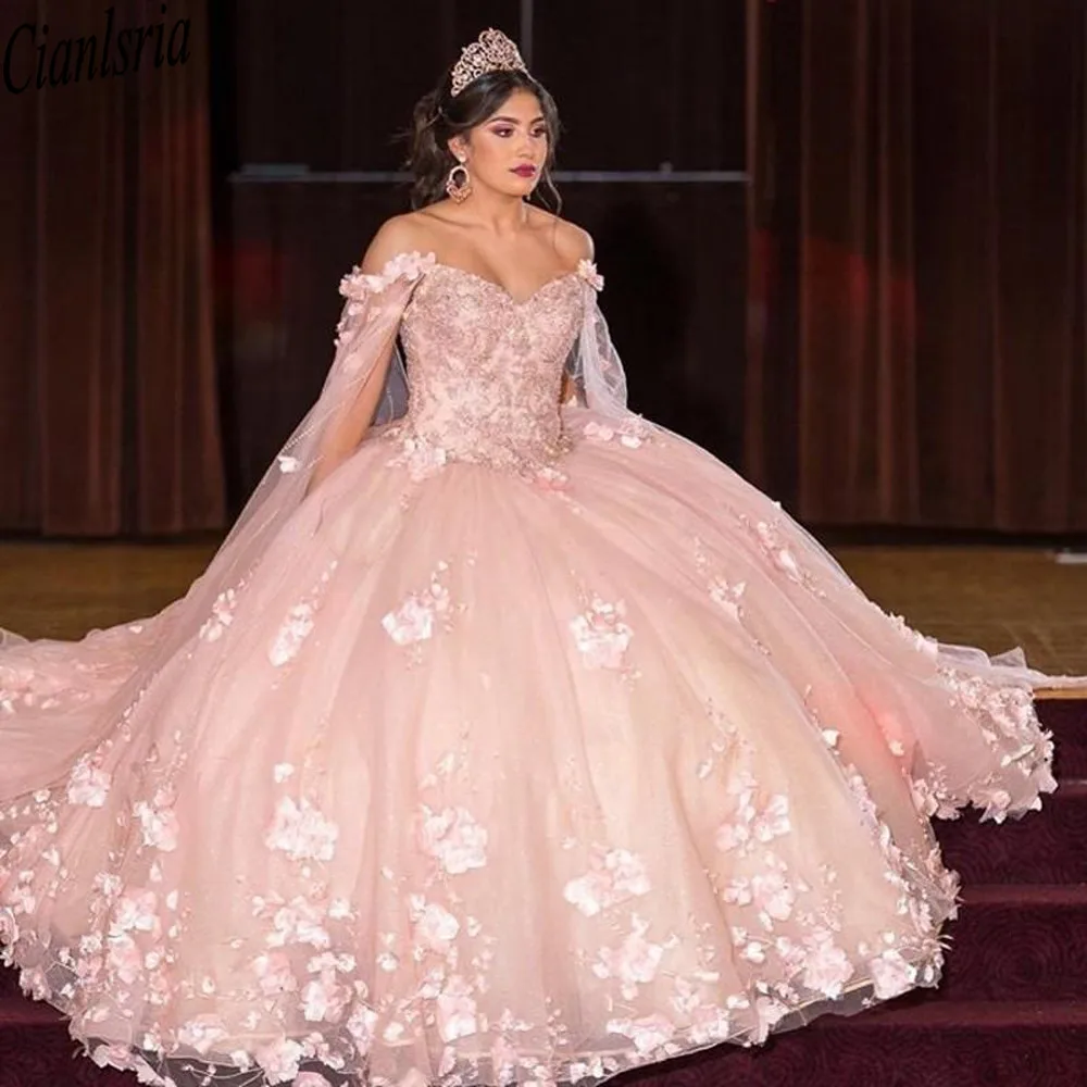 2022 luxuoso blush rosa flores florais quinceanera vestidos de baile com capa envoltório vestido de baile robe strass noite festa formal