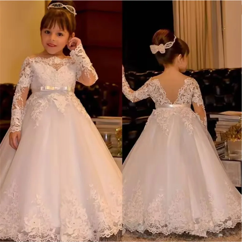 

Elegant Flower Girl Wedding Dress Princess Appliques Lace Long Sleeves Backless Holy First Communion Gown Party Pageant Dress
