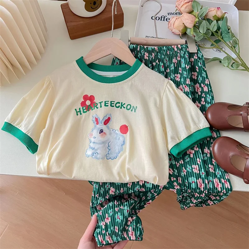 

Girls Summer Set Kids Fashion Suits Baby Cartoon T-Shirt+Pants 2Pcs Children Short Sleeves Casual Outfits Toddler Cotton Clothes