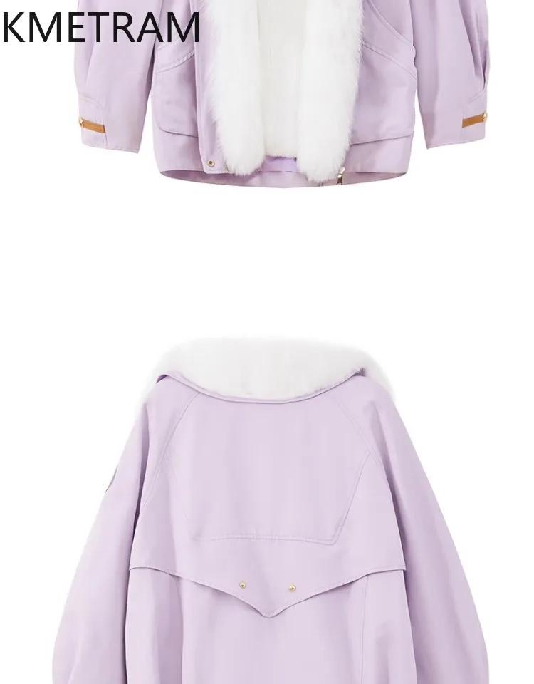 KMETRAM Parka z naturalnego futra królika Rex z wyjmowanym wnętrzem, odzież damska, nowa kurtka z prawdziwego futra z kołnierzem z futra lisa, płaszcze zimowe 2025
