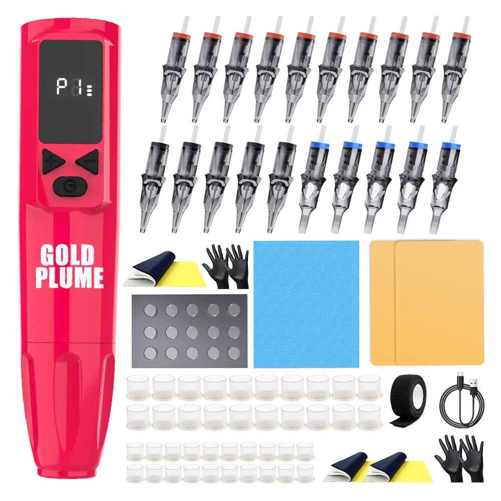 GoldPlume Wireless Tattoo Pen Kit Red, LCD Display, 20 Cartridge Needles, Ink Cups, Gloves, Wipes & USB Cable for Beginners