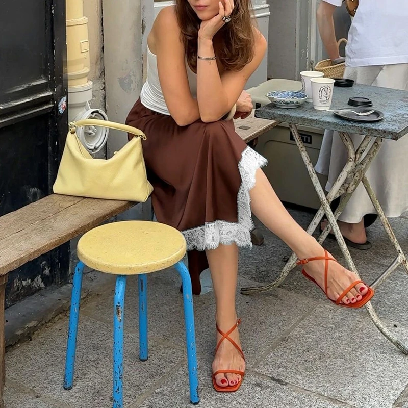 

Combhasaki Women Elegant Asymmetrical Floral Lace Trimmed Hem Patchwork Skirt Elastic Mid Rise Casual Satin Silk Midi Underkirts