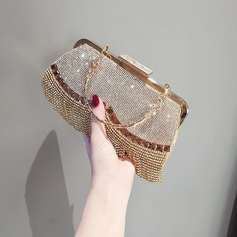 

Women's Wedding Clutch Bag Luxury Rhinestone Tassel Handbags Banquet Gold Evening Bag Party Purse Chain Shoulder Bag Bolso Mujer