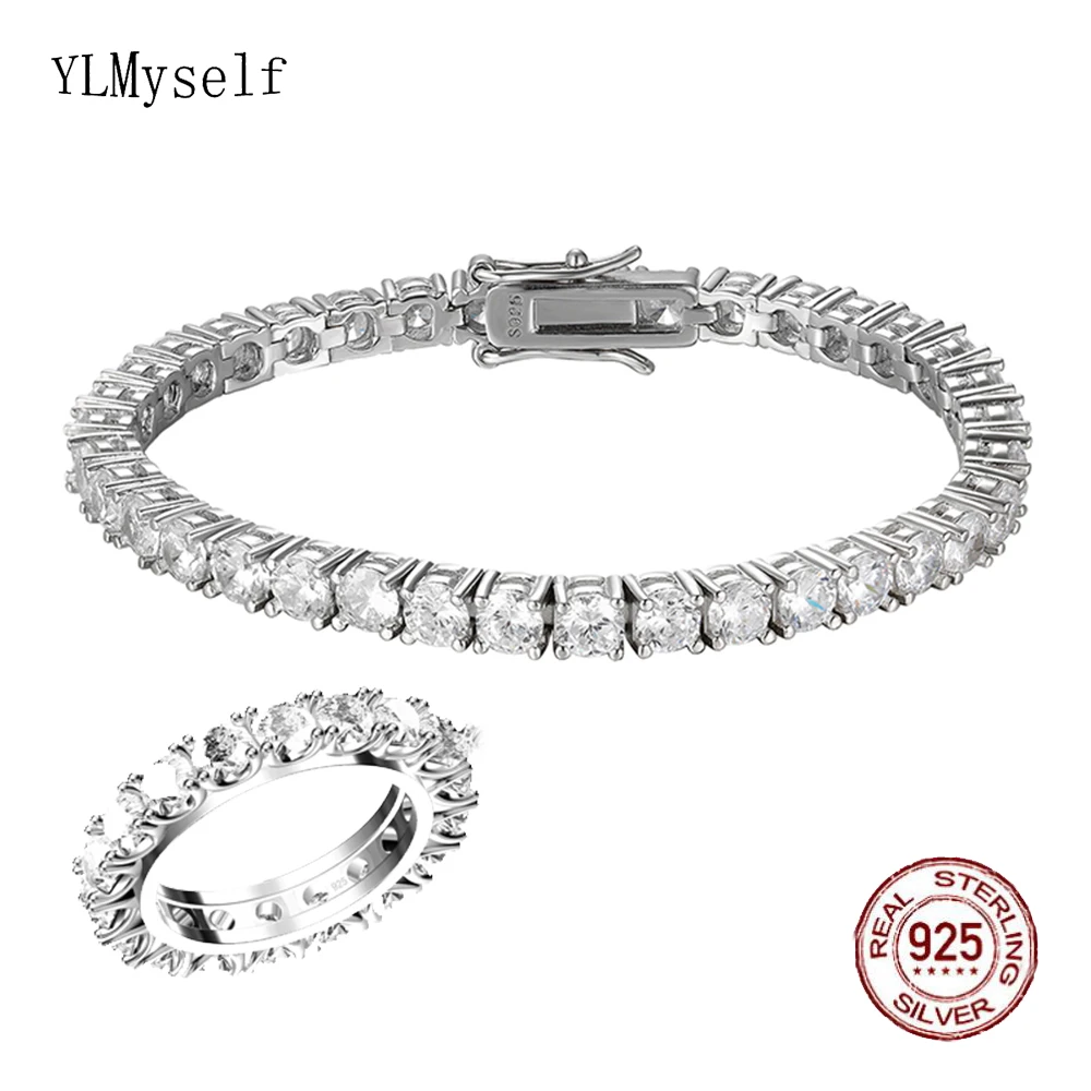 2PCS Sets Bracelet+Ring Pave Shiny 4mm Cubic Zircon Hiphop Rock Fine Jewelry Solid Real 925 Sterling Silver Tennis Chain