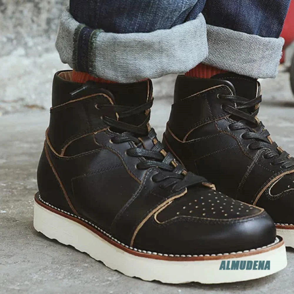 Street Style High Top Platform Ankle Boots Men's Fashion Genuine Leather Outdoor All Season Comfort Vintage Daily Casual Shoes