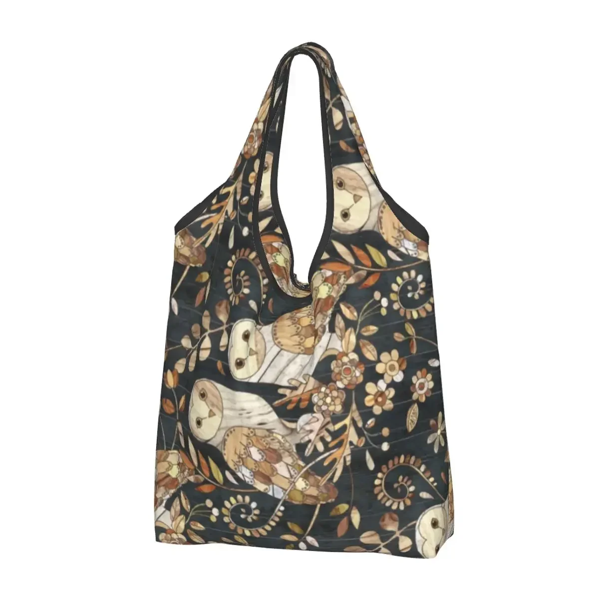 Custom Wooden Wonderland Barn Owl Shopping Bag Women Portable Large Capacity Grocery Tote Shopper Bags