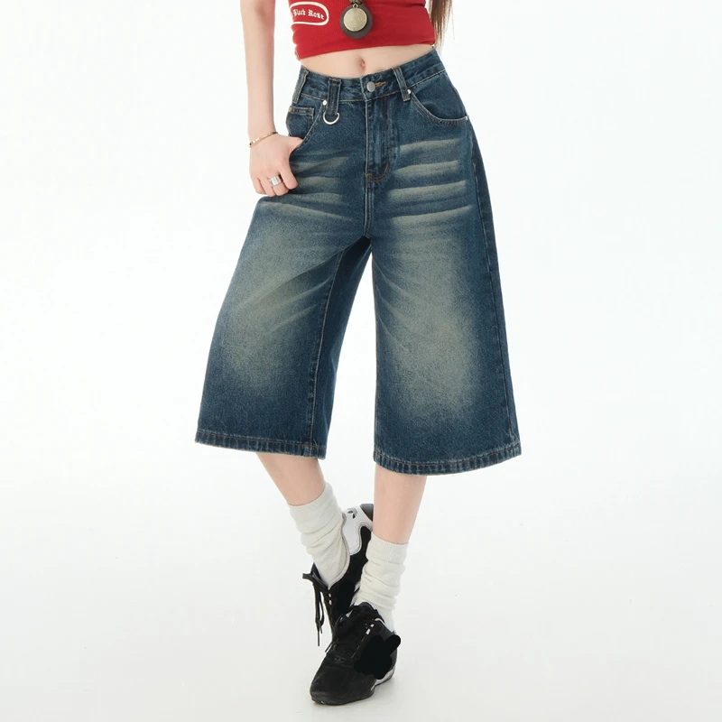 

High Waist Black Retro Washed Denim Shorts Women'S Vintage Loose Y2K Streetwear Mid Long Wide Leg Pants Wholesalers Online