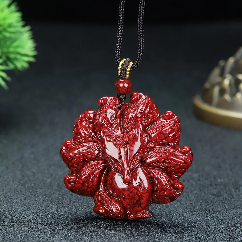 Natural cinnabar nine tailed fox pendant men's and women's peach blossom necklace, zodiac year particle crystal sand fox pendant