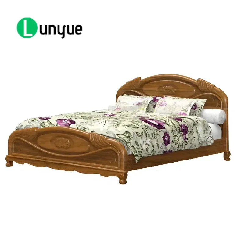 Solid Teak Sled Bed King Size Hand Carved Traditional Wooden Bed Frame Durable Natural Wood Bedroom Furniture