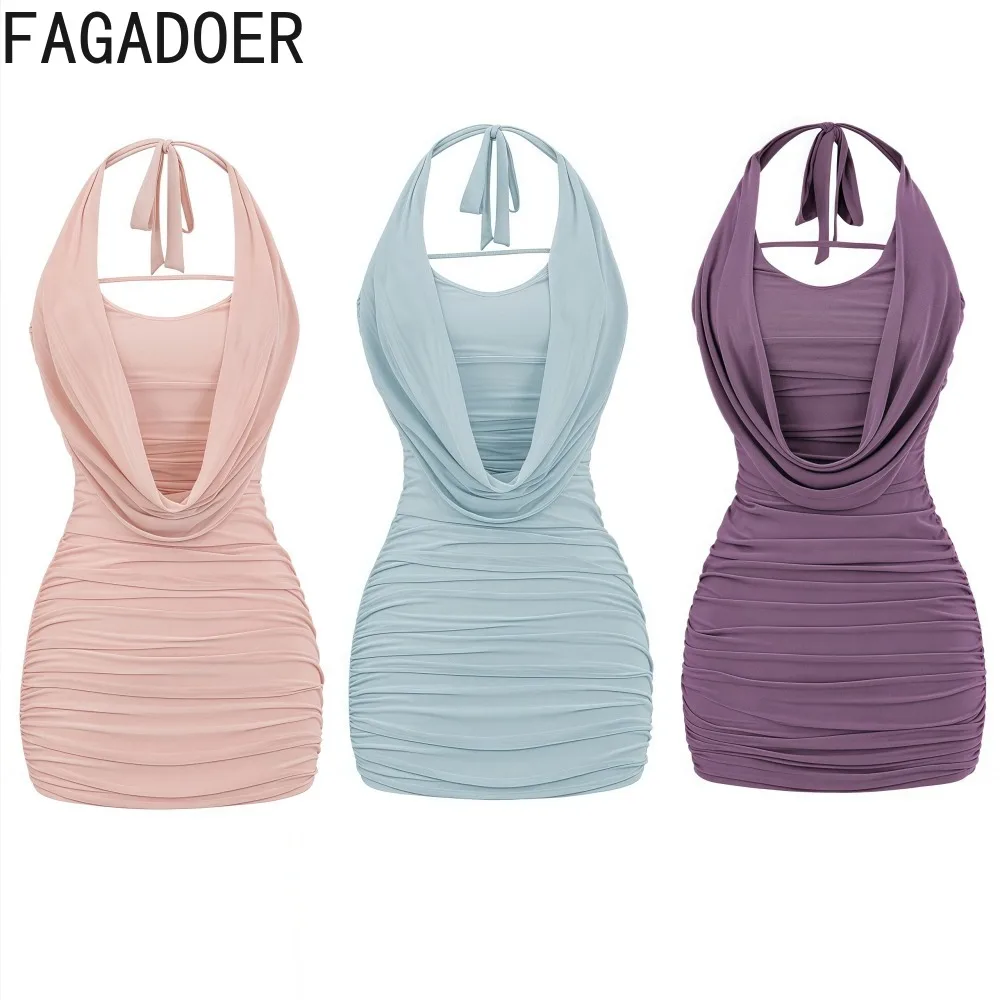 

FAGADOER Sexy Mesh Ruched Patchwork Bodycon Dress Women Halter Deep V-neck Skinny Dresses Female Clubwear Vestidos Summer New