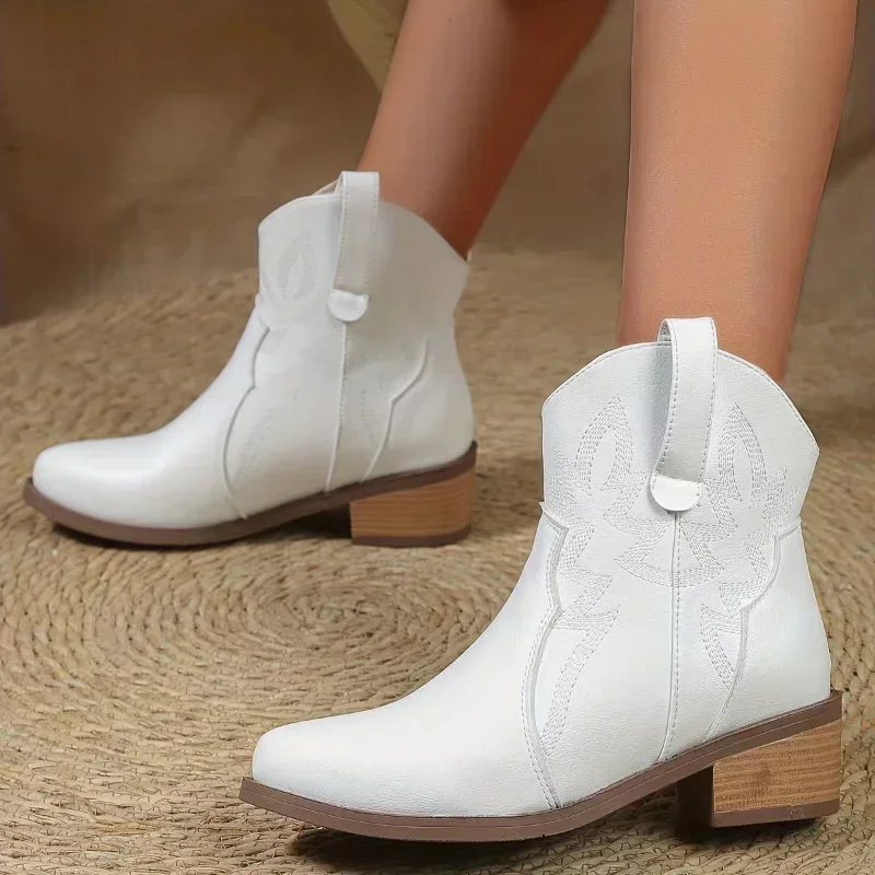 Botas vaqueras de cuero PU con bordado Retro para mujer, zapatos de tacón grueso, Punta puntiaguda, media pantorrilla, otoño e invierno, 2025