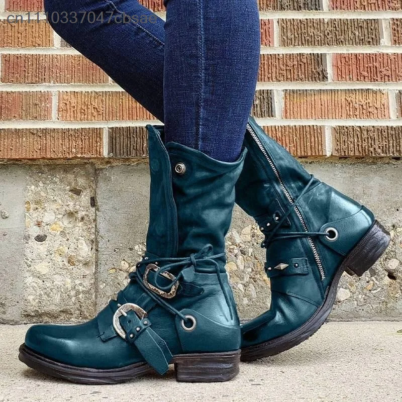 Trendy Ladies Punk Style Mid Calf Biker Boots Multi Vintage Metal Buckle Decor Shoes Side Zip Closure Low Block Heel Soft Boot 3