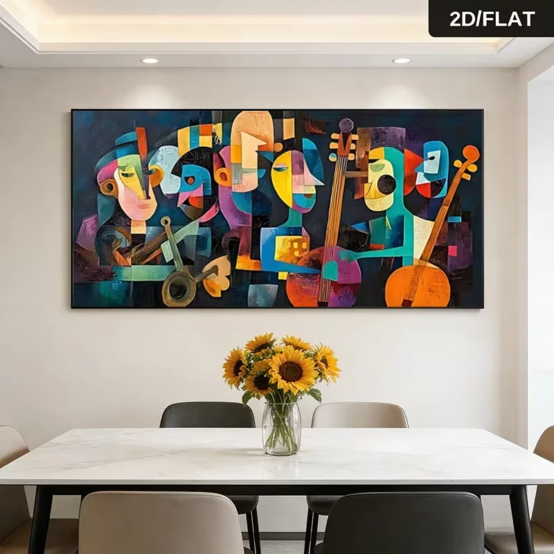 2D Flat, 1pc Large Modern Abstract Cubist Wall Art - Frameless Canvas Painting Suitable for Living Room &, Vibrant Musicians Pla