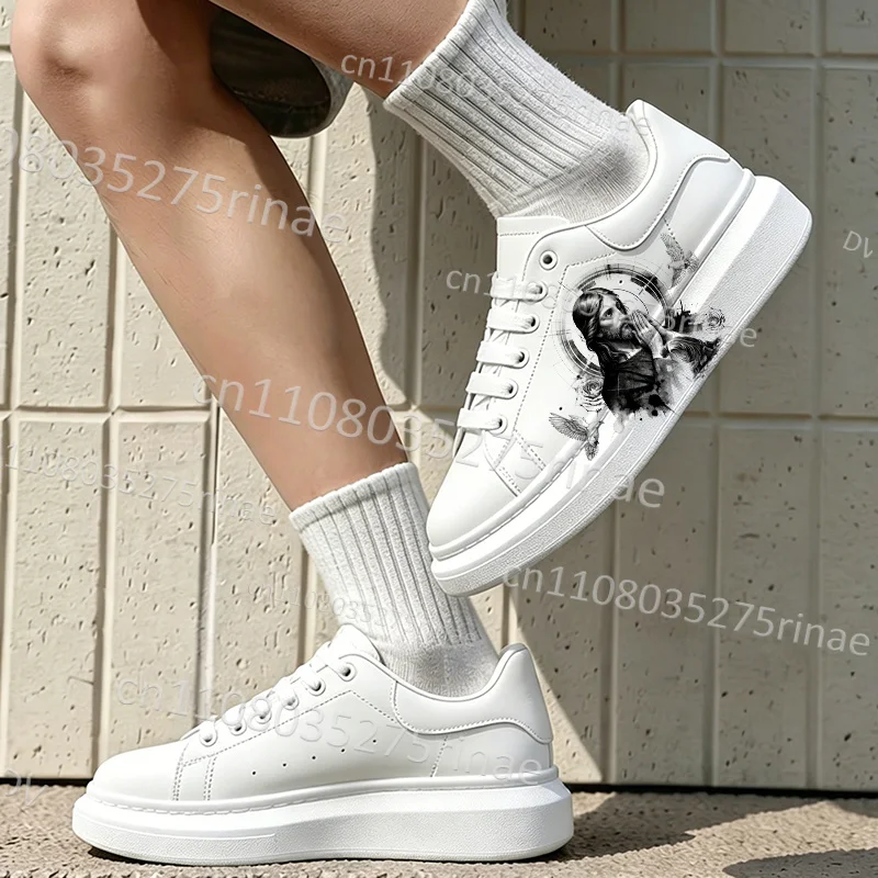 Cross Dove Design Jesus Religious Art Portrait Print Adult Men White Thick Sole Skate Shoes  Lace Up Casual Daily Use Sneakers