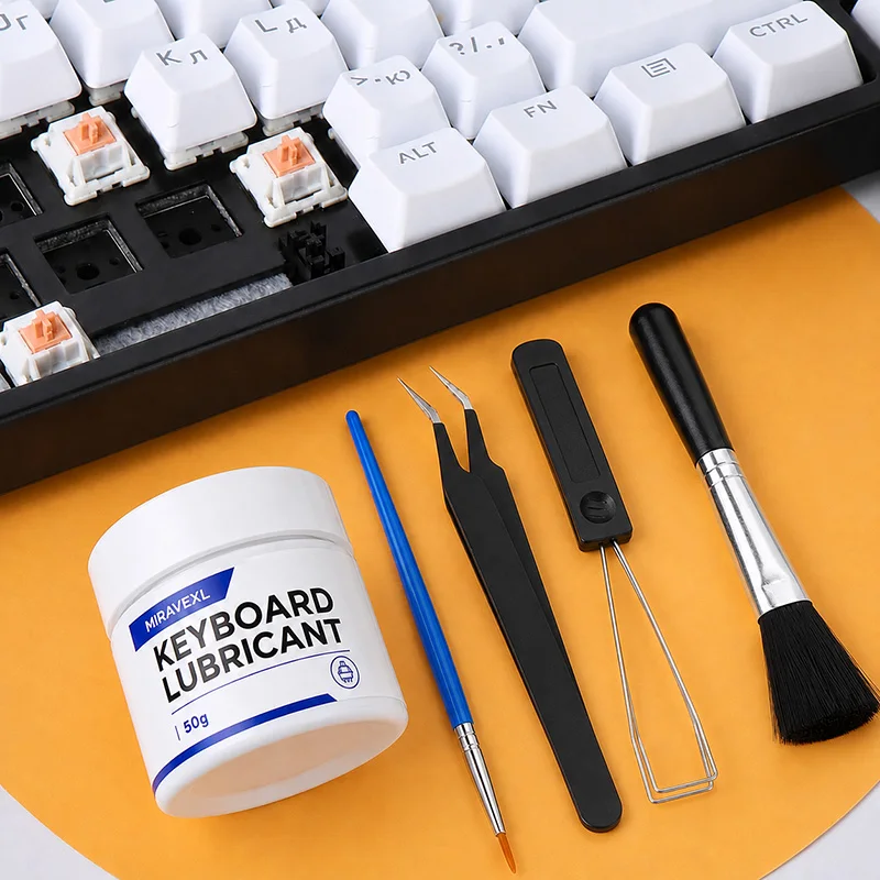 MIRAVEXL Keyboard Switch Lubricant Kit 50g, Reduces Clack & Chatter for Smooth Quiet Switches, Brush, Tweezers & Puller Set