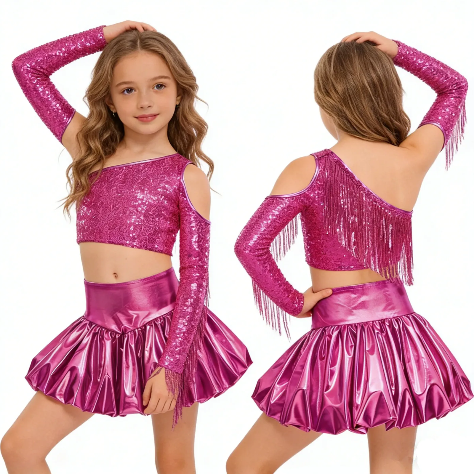 Kids Girls Jazz Dance Cheerleading Performance Outfit Long Sleeve Crop Tops with Metallic Shiny Bubble Skirt for Hip Hop Party