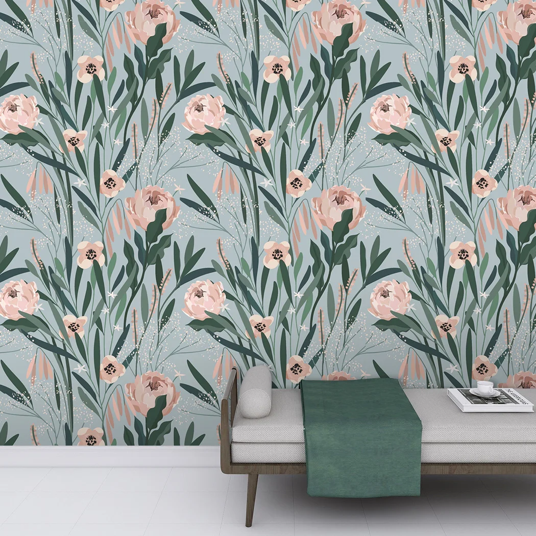 1pc Pink Flower Green Leaf Peel And Stick Wallpaper Self Adhesive Watercolor Design Waterproof Removable Contact Paper for Walls