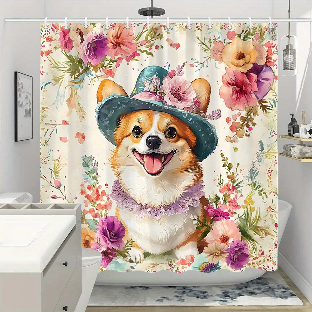 1pc 2D Flat Shower Curtain, Cheerful Corgi Teal Top Hat Pink Flower Floral Printed Shower Curtain, Decor for Bathroom