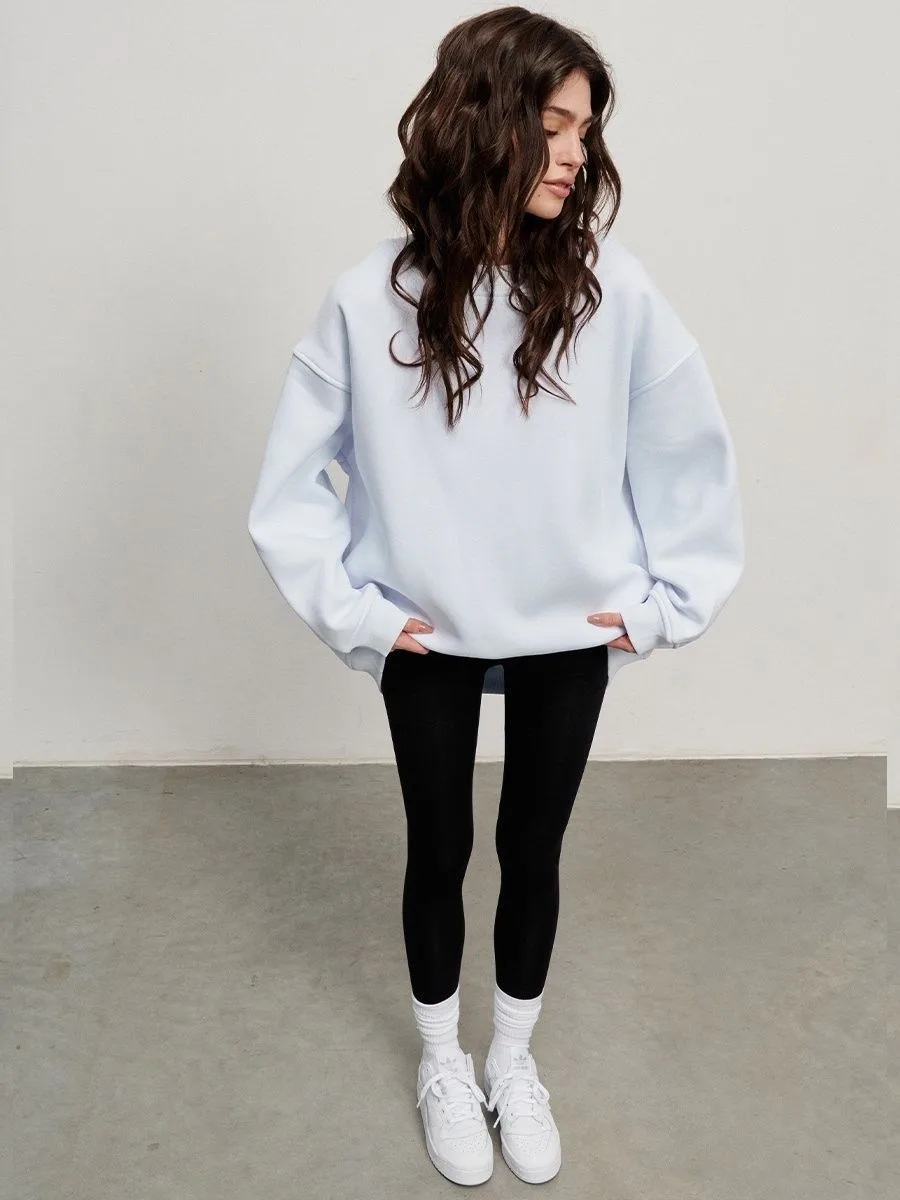 Round Neck Pullover Hoodie Mid Length Alternative Street with Loose Fit Single Regular Thickness Streetwear Women Sweatshirts