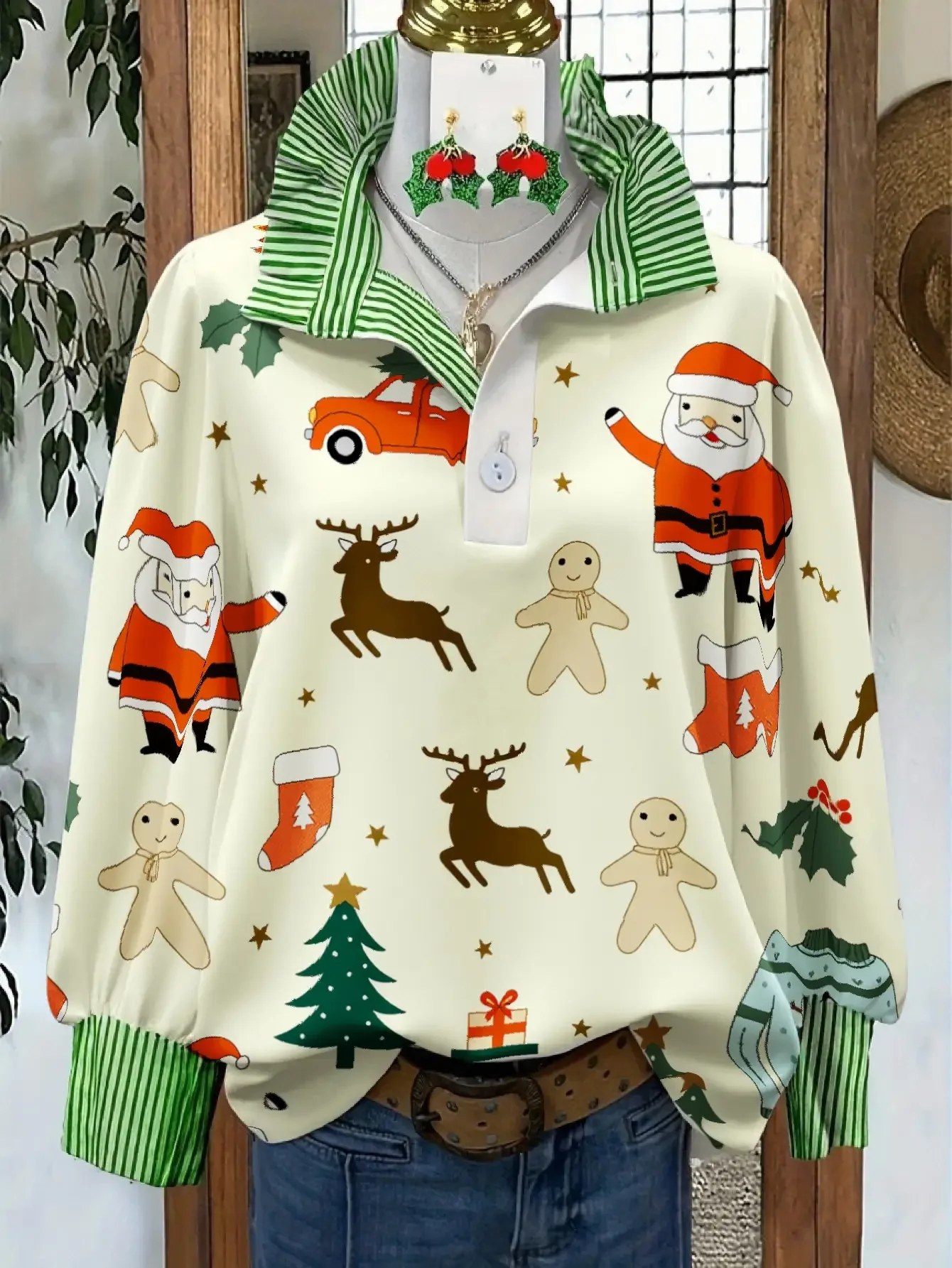 2026 New Christmas Women's Top Spring and Autumn Winter Women's Stand up Collar Shirt Long Sleeve,