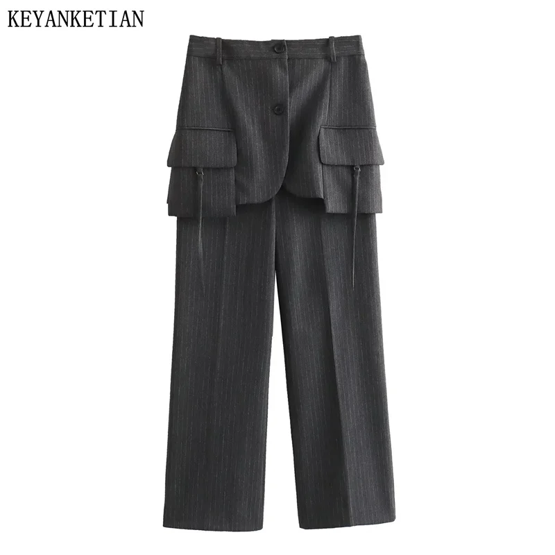 

KEYANKETIAN Autumn New Women's Fake Two-Piece Patchwork Design Jacquard Pants Fashion Chic Patch Pockets Zip-up Long Trousers