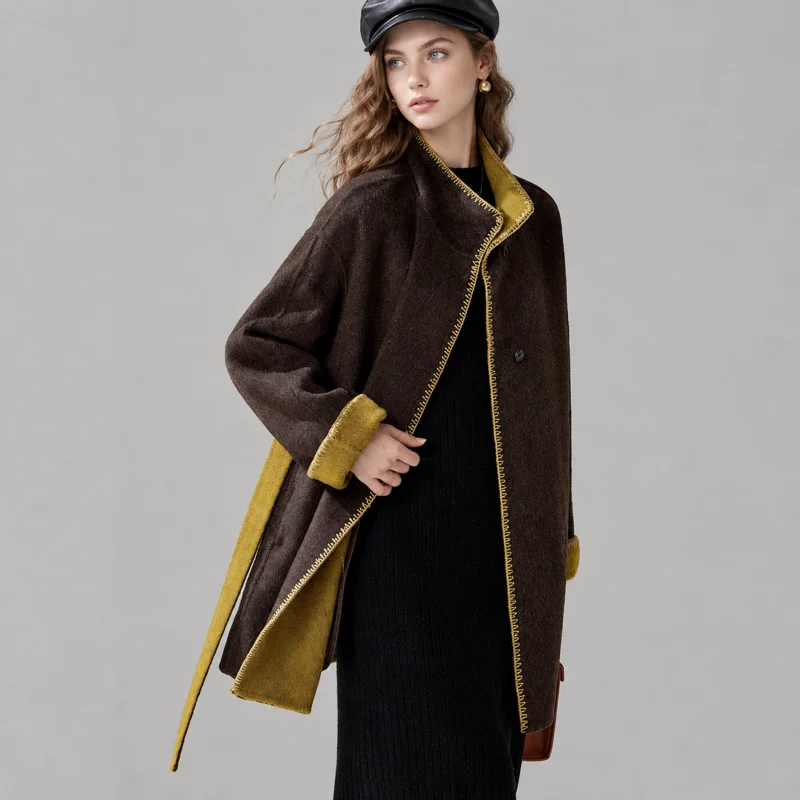 Women's Stand Collar Belted Mid Length Coat, Contrast Lining & Contrast Stitch Loose Winter Overcoat