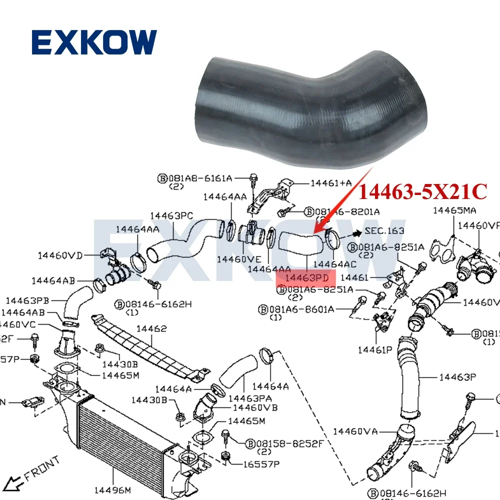 Turbo Charger Intercooler Air Inlet Hose for Nissan Navara Pickup II D40 Pathfinder R51M V9X 2010-2015 14463-5X21C 144635X21C