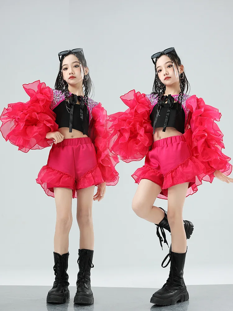 Concert Stage Performance Wear Girls Jazz Dance Costume Red Puff sleeves Sequin Tops Shorts Suit Kids Hip Hop Dance Clothes