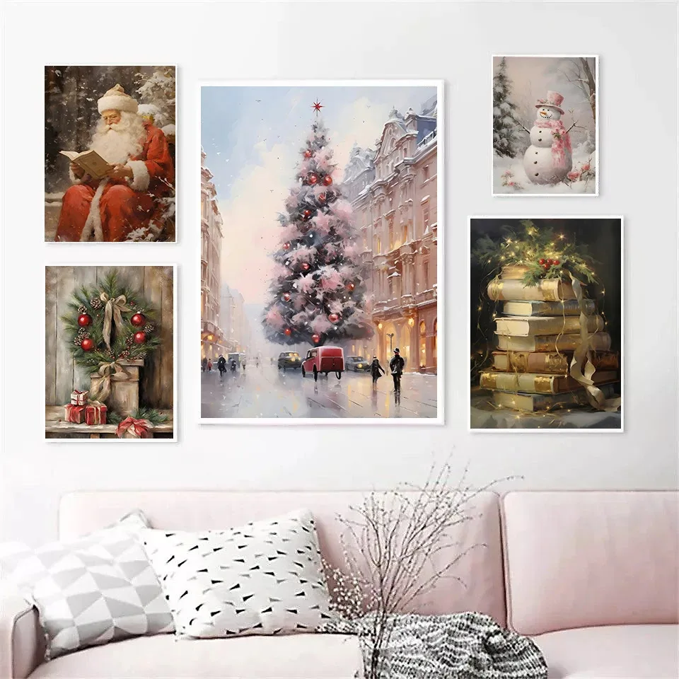 Vintage Zug Rosa Schneemann Rosa Weihnachtsbaum Wald Weihnachtsmann Poster Druck Leinwand Malerei Nordic Wand Kunst Home Room Decor
