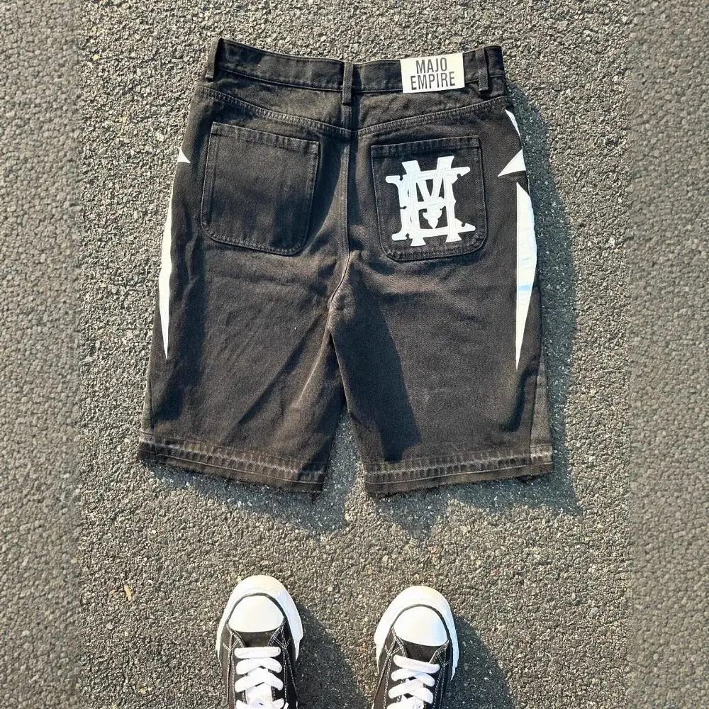 

2025 New Summer Y2k Punk Street Harajuku Casual Shorts Fashionable Loose Wide Leg Lightning Star Printed Jeans
