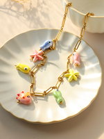 Fashion Stainless Steel Ceramic Starfish Fish Necklace for Women Girls Summer Beach Party Waterproof Popular Cute Jewelry
