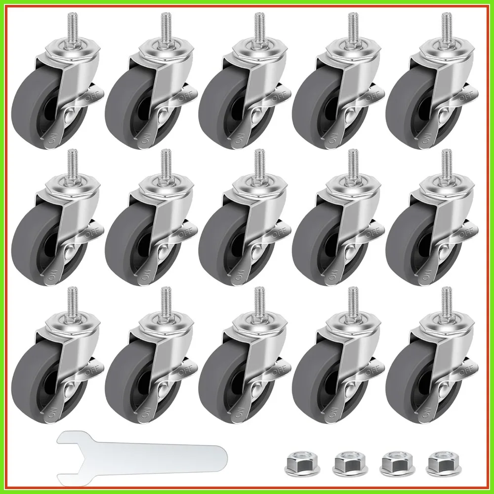 

3" Locking Swivel Stem Casters Set of 4 with Brake, 3/8"-16 x 1" Threaded Stem, 120 lbs Each, Rubber Wheels, 360° No Noise