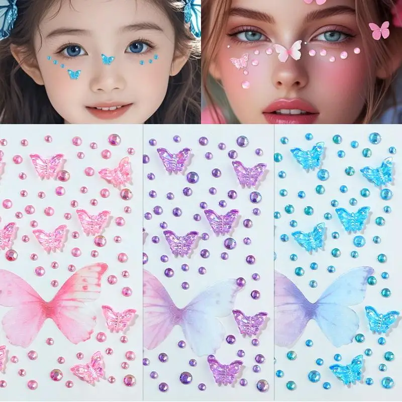 

3D Facial Rhinestone Sticker Butterfly Gem Crystal Tattoo Self Adhesive Body Brow Makeup Mix Size Fairy Beauty Colorful Tattoo