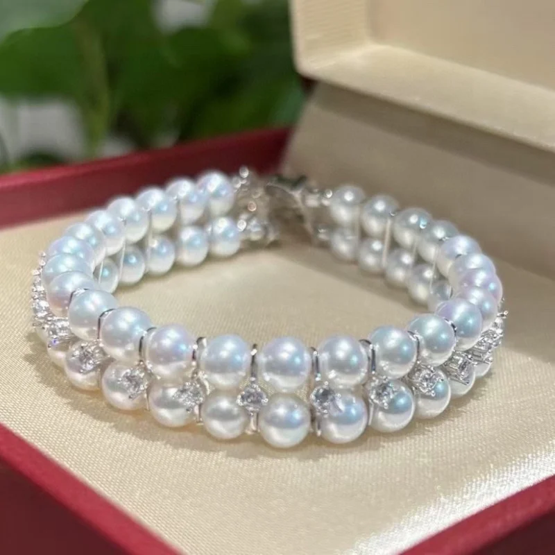 

SGARIT трендовый 5-6 мм стерлингового серебра 925 пробы натуральный пресноводный жемчуг Авроры двойной ряд браслет ювелирные изделия для вечеринки