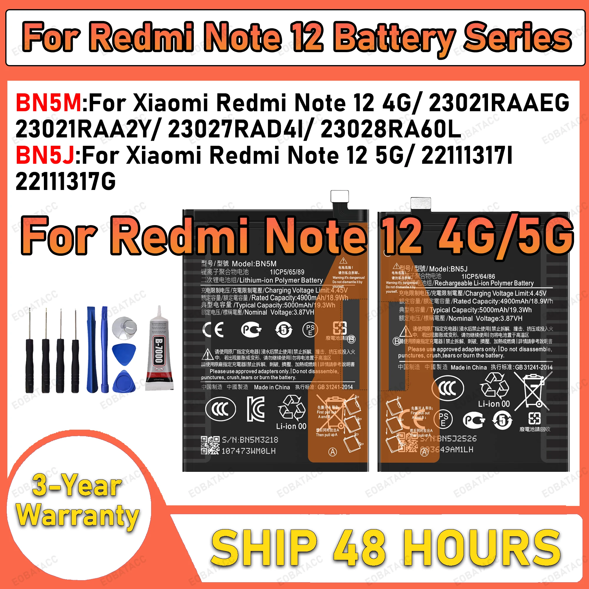 

100% New High Capacity BN5M BN5J Battery For Xiaomi Redmi Note 12 4G/Redmi Note 12 5G/23021RAAEG/22111317I batteries +Free Tools