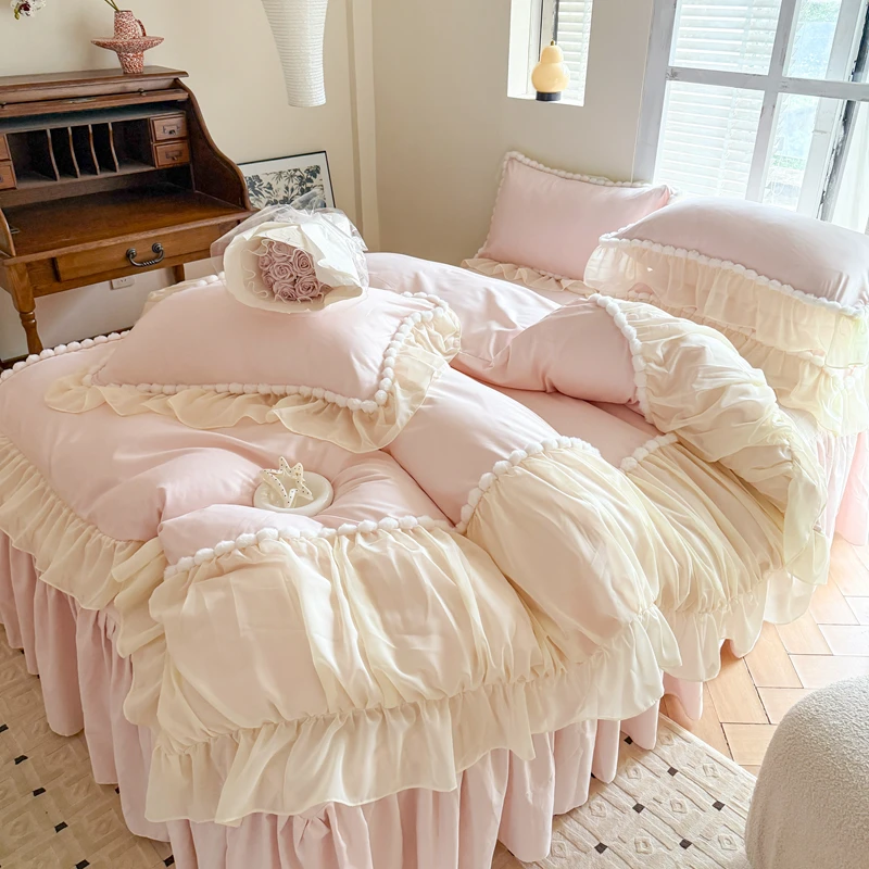 4pcs Korean Princess Style 2025 New Cotton 100% Bedding Set Lace Duvet Cover 200x230 Bedspread & Pillowcase Four Seasons
