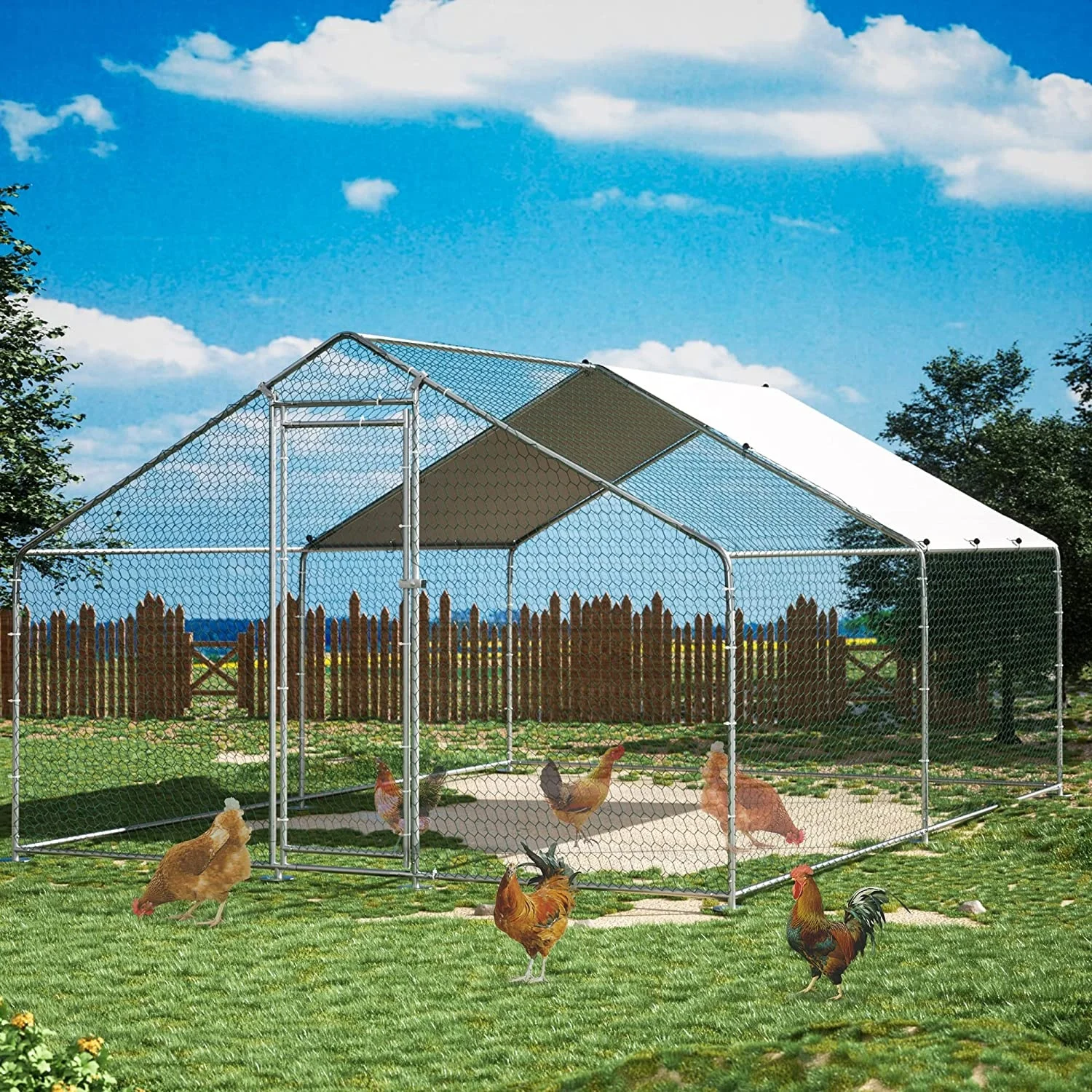 

10x13.3x6.66ft Outdoor Chicken Coop Chicken House Roof Poultry Coop Galvanized Steel Frame with PE Waterproof Cover