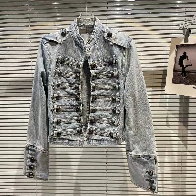 Women Vintage Military Style Denim Jacket Stand Collar Double Breasted Decor Button Cropped Jean Coat Long Sleeve Slim Fit Ladie - view 5