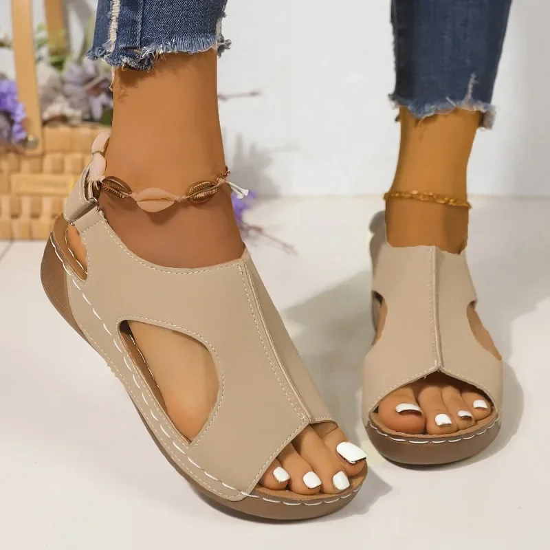 Sandalias de cuña ortopédicas para mujer, calzado casual, cuero vintage, antideslizante, estilo vintage, calidad, novedades 2024