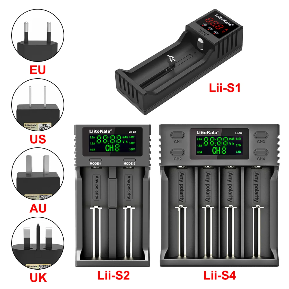 Liitokala Lii-S4 Lii-S1 Lii-S2 EU US AU UK for 1.2V 3.7V 3.85V AA/AAA 26650 18350 14500 16340 25500 NiMH lithium Battery Charger