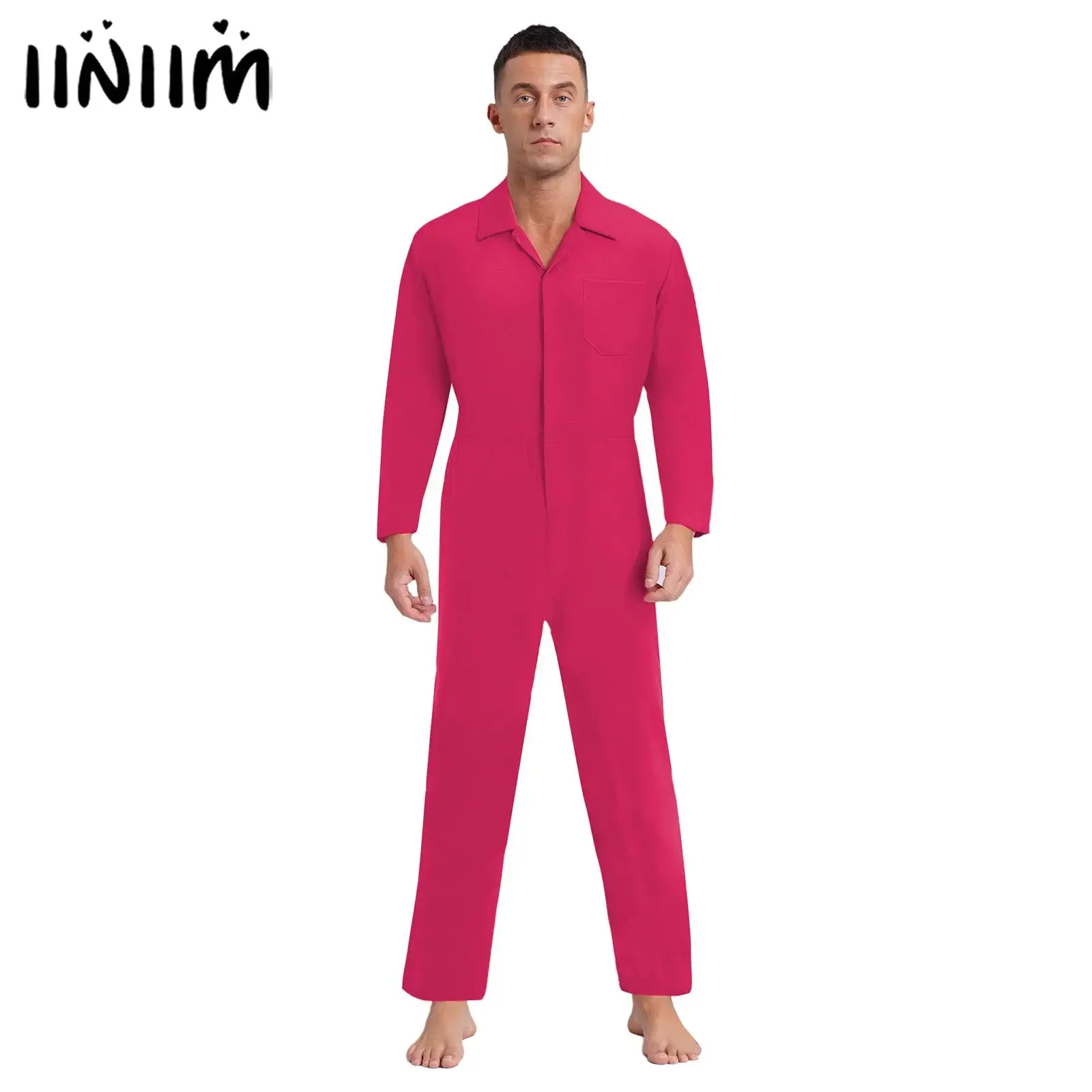 

Mens Stylish Overalls Jumpsuit Romper Long Sleeve Turndown Collar Zipper Closure Front Solid Color Coverall Style Jumpsuit