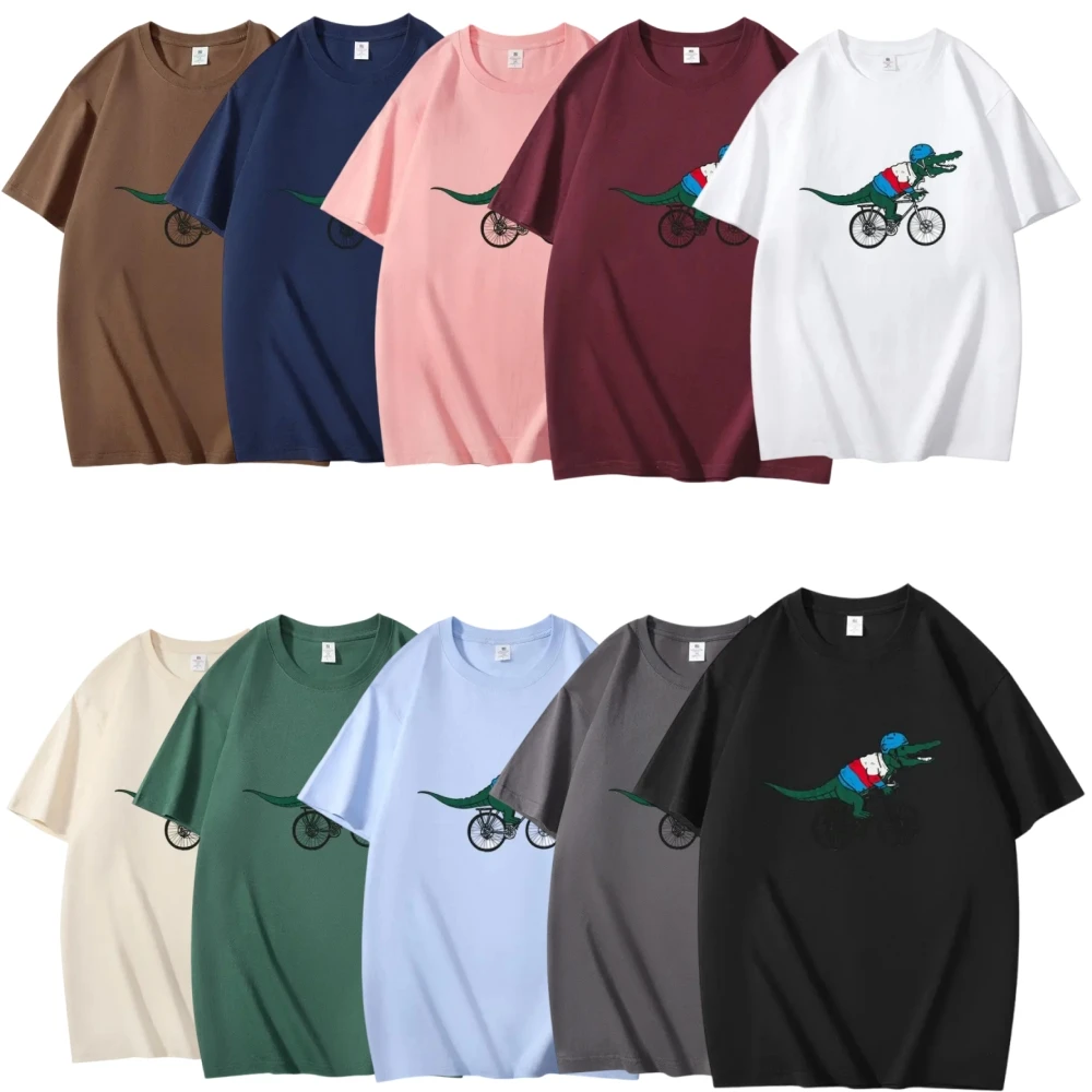 

High-Quality Cotton Men's T-Shirt, Soft and Breathable, Fun Cycling Crocodile Print, Casual Summer Short Sleeve Tee, Streetwear