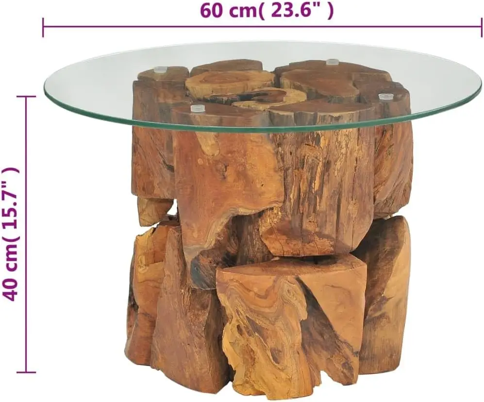 Coffee Table with Solid Teak Driftwood Base and Tempered Glass Top - 23.6