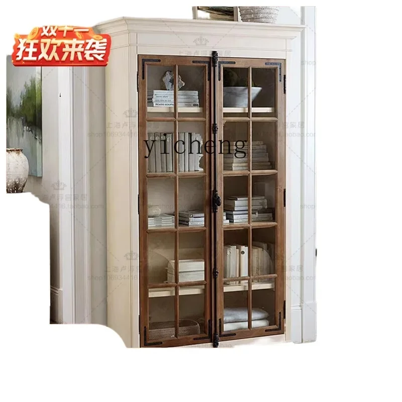 ZC retro solid wood simple floor-to-ceiling bookcase, white dining side cabinet, glass door locker