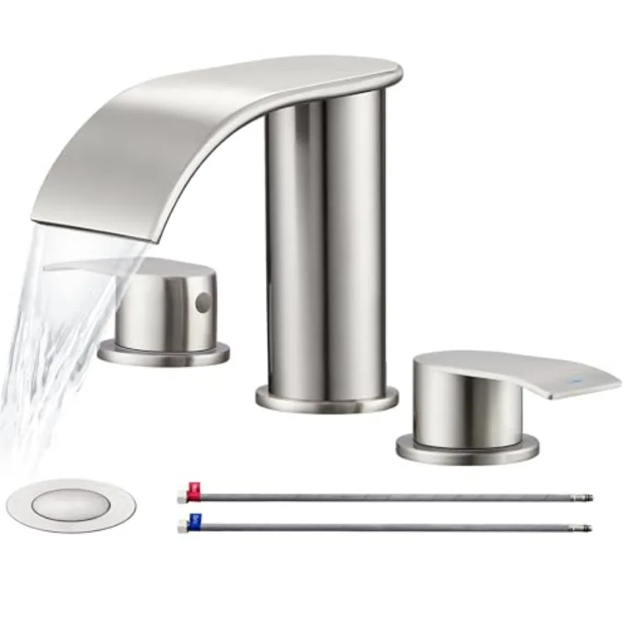 

Bathroom Faucet, Waterfall Bathroom Faucet with Metal Pop-up Sk Dra Stopper and Supply Hoses, Handle Widespread Faucets for Van