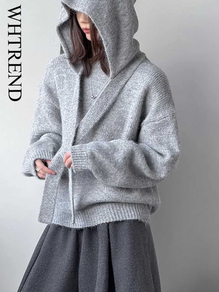 

WHTREND комплект из 2 предметов для женщин, свободный вязаный пуловер с круглым вырезом, свитер + шапка-шаль, мягкая модная осенне-зимняя новинка WH2045