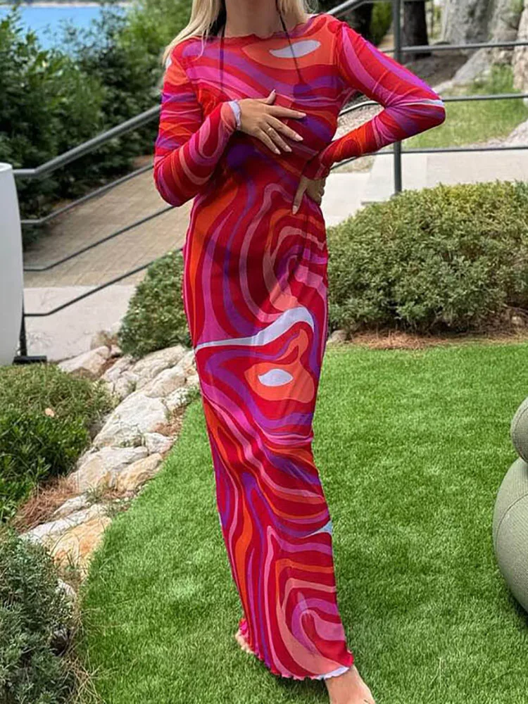 Slash Neck Slim Patchwork Chic Party Dress Women Summer Full Sleeve Simple Maxi Dress 2025 Printing Casual Ladies Dress Vestidos